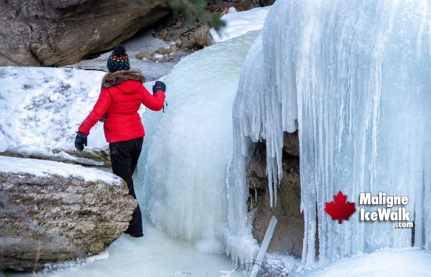 Walking Along Frozen Waterfalls Inside Maligne Canyon Ice Walk